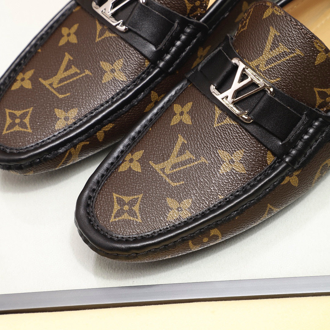 Luxury Monogram Pattern Slip-On Loafers – Metal Accent, Classic Moccasin Design